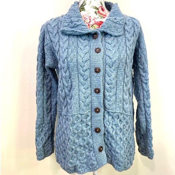 Aran Sweater Made in IRELAND Chunky Knitted Blue Grayish Medium Boxy - Picture 1 of 10